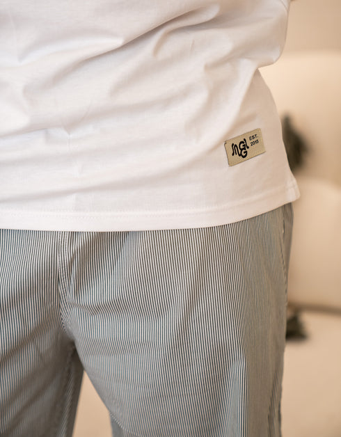 Men summer pajama set White T-shirt + Green X White Striped Pants